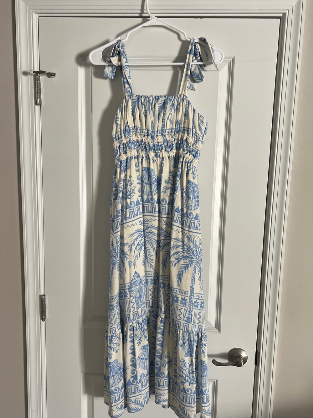 Blue & Cream Tropical Print Tie-Shoulder Dress